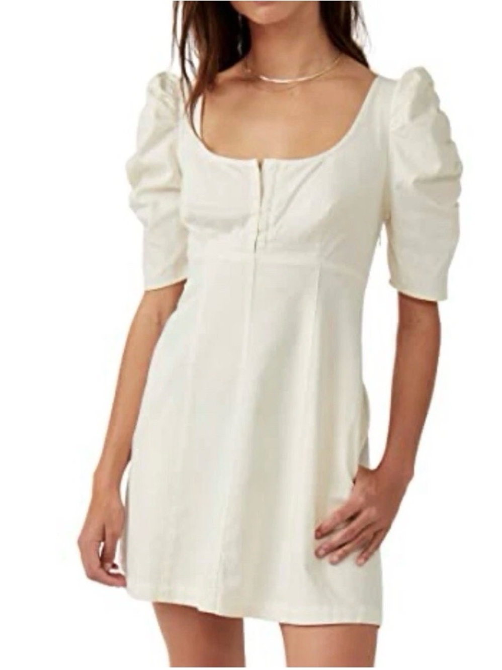 Free People NWT$138 Denim Mini Dress S Cheyenne Smocked Short Puff Sleeve Ivory